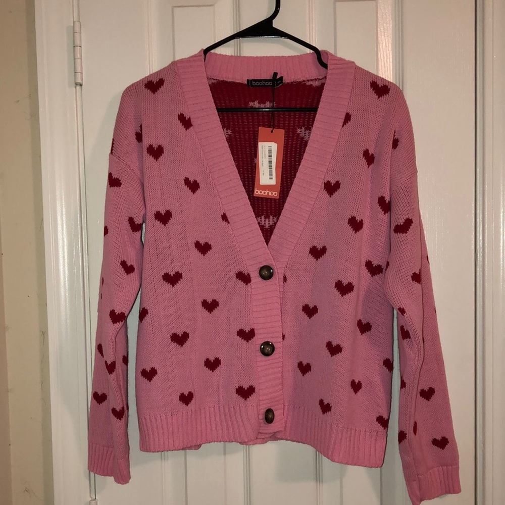 NWT Boohoo Pink Red Hearts Cardigan Jennifer’s Body Megan Fox
